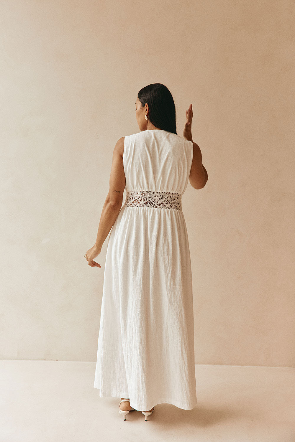 White Cotton Lace Gathered Maxi Cora Dress