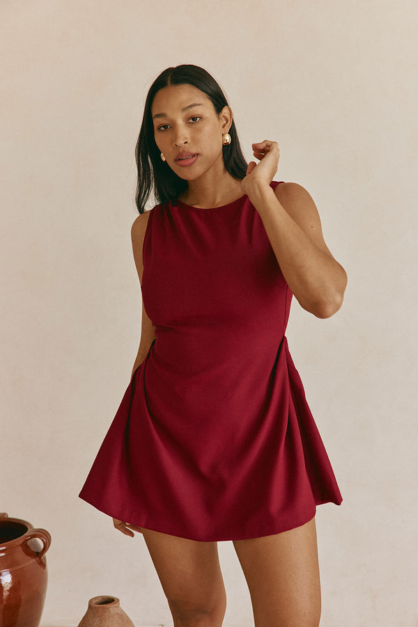 Burgundy Red Flared Mini Camellia Dress