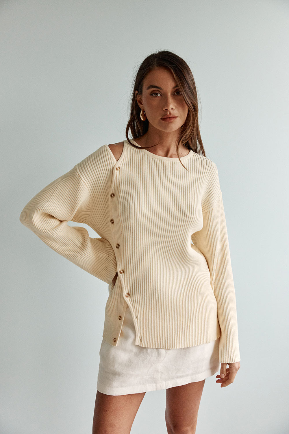 Butter Yellow Ribbed Button Asymmetric Amie Top – SABO