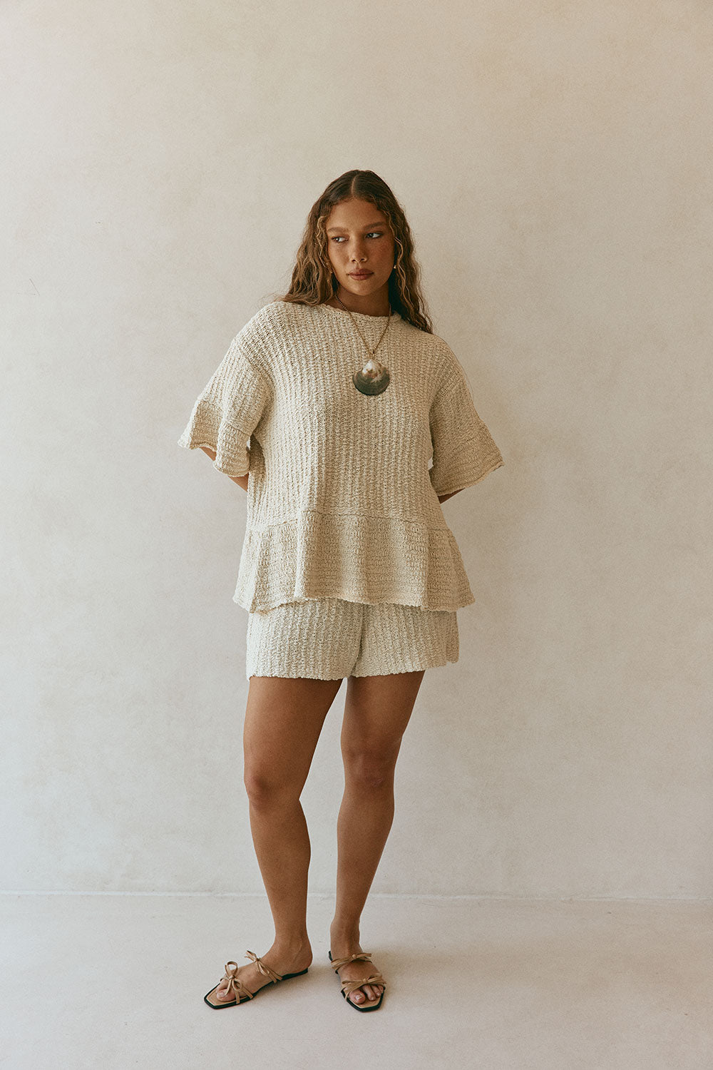 Beige Woven Knit Trisha T Shirt Top