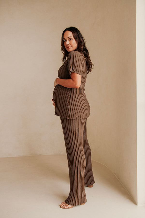 Brown Ribbed Cotton Knit Elastic Neena Pants