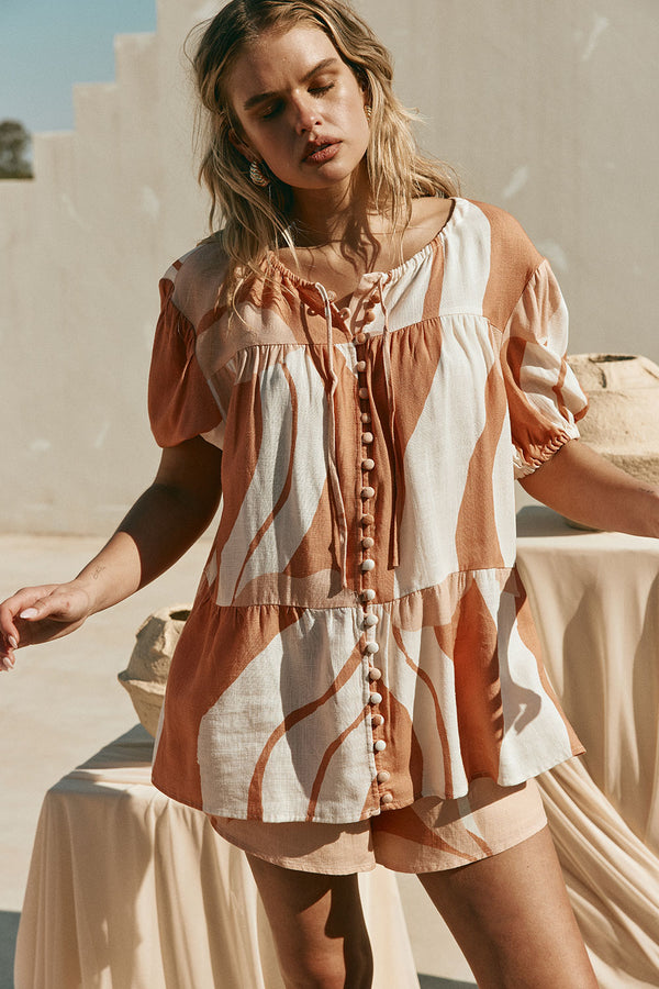 Peach Solanto Print Button Puff Sleeve Ales Top