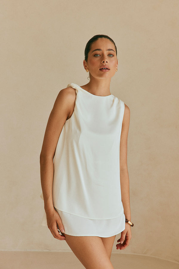 White Silky Layered Mini Laven Dress