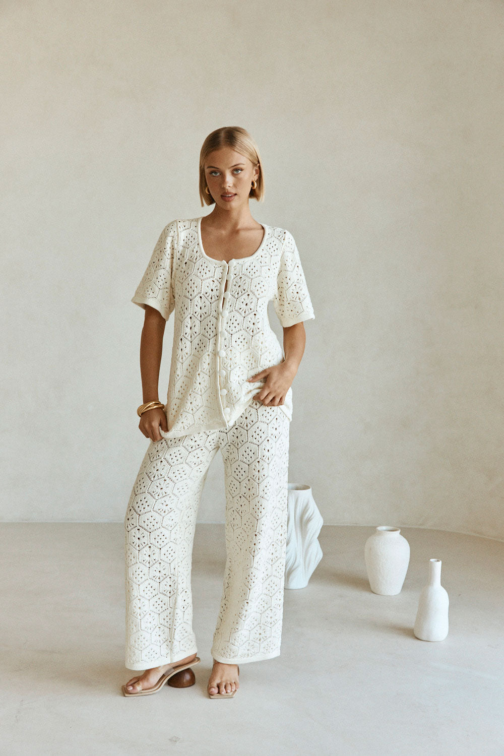 Cream Crochet Knit High Waist Umiko Pants – SABO
