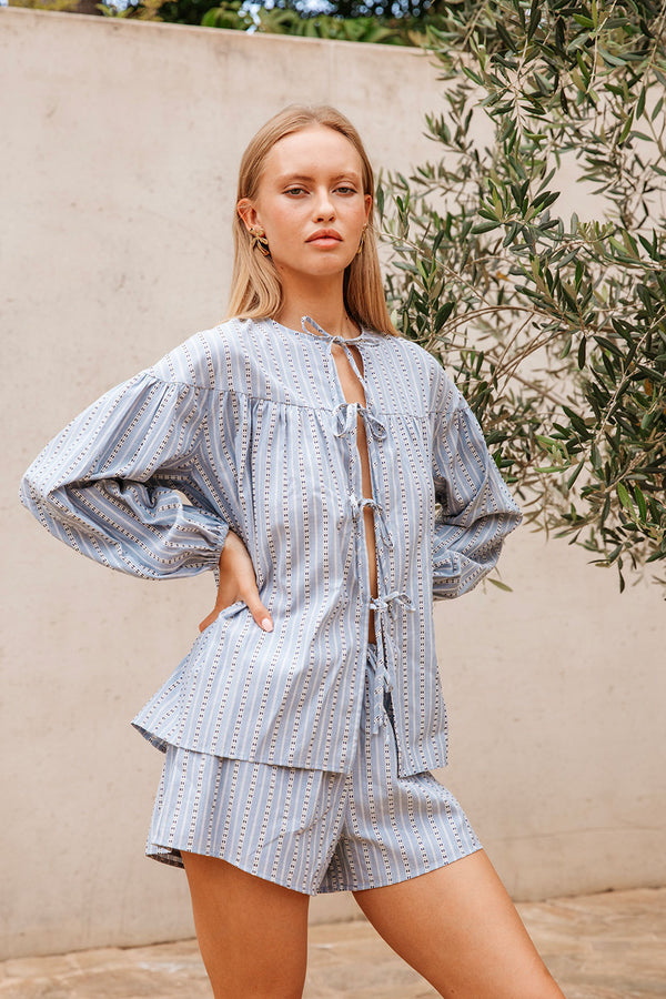 Blue Long Sleeve Round Neck Tie Mina Top