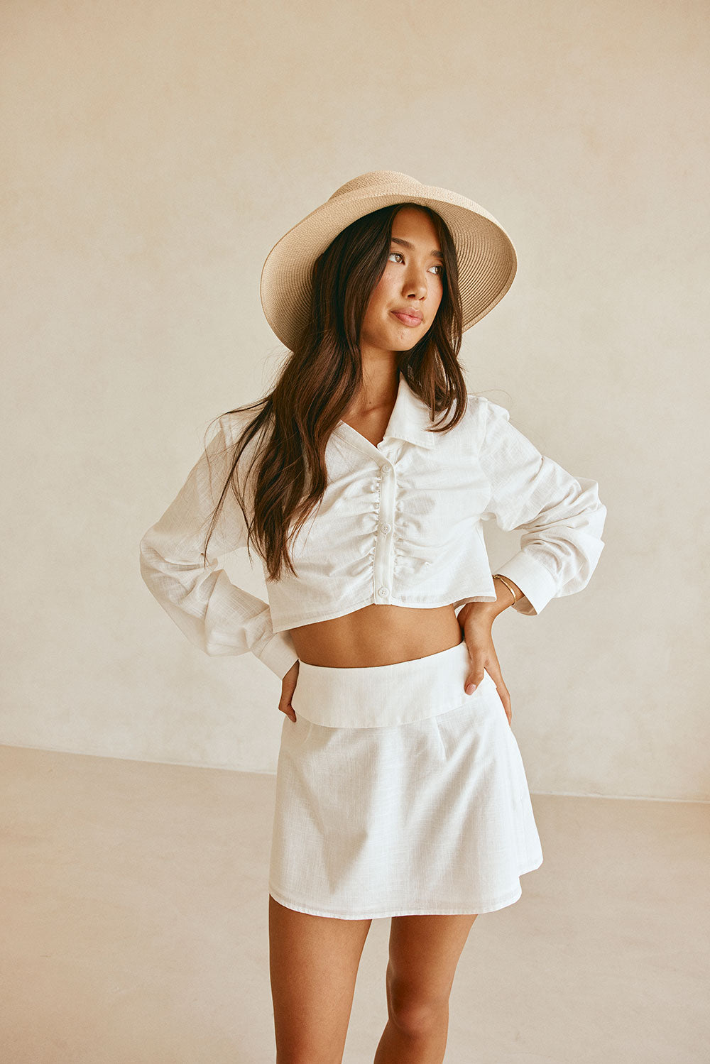 White Long Sleeve Button Up Collar Cori Crop Top