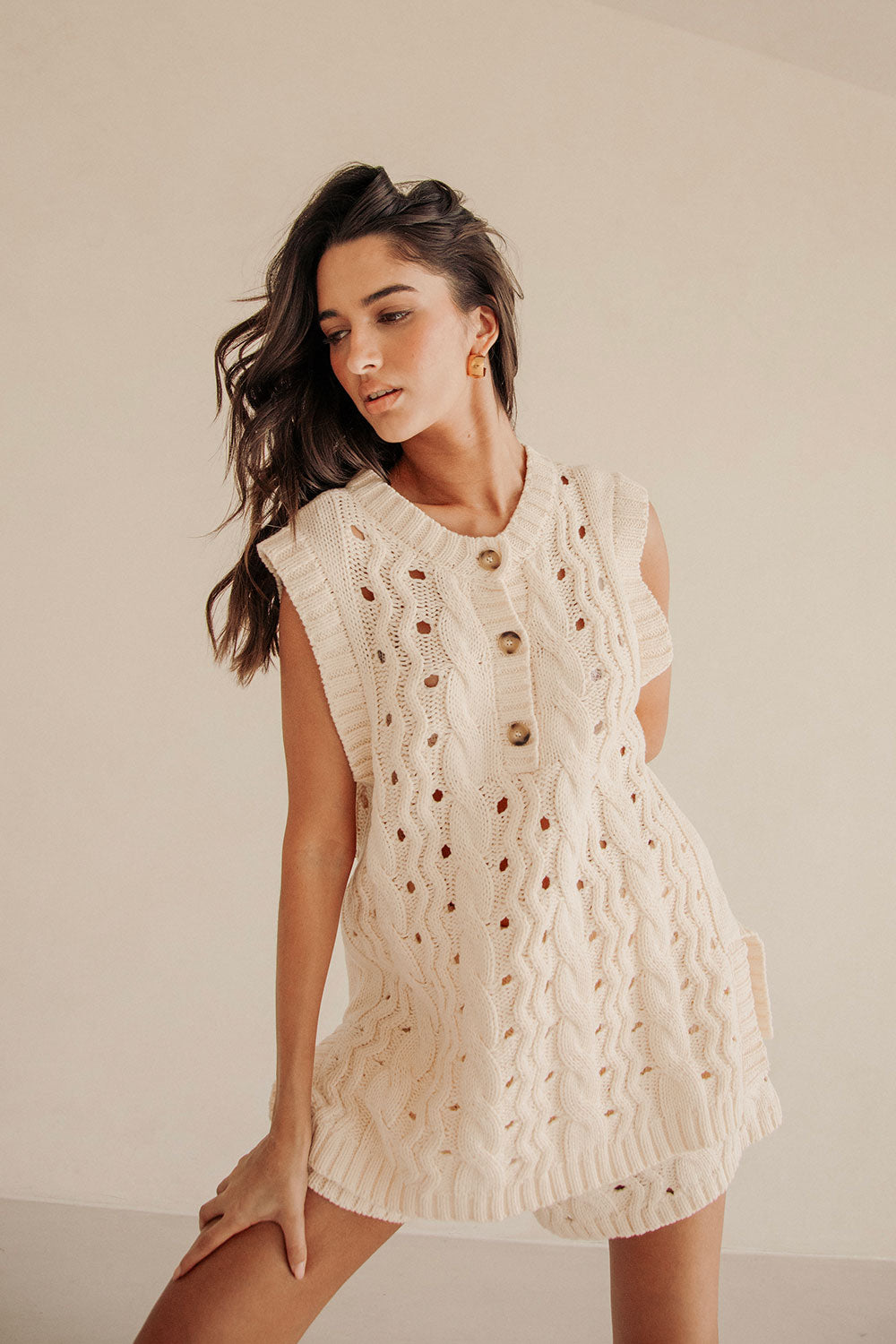 Cream Cable Knit Button Jenna Tunic Top