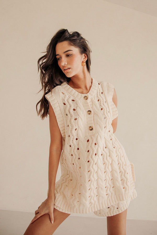 Cream Cable Knit Button Jenna Tunic Top