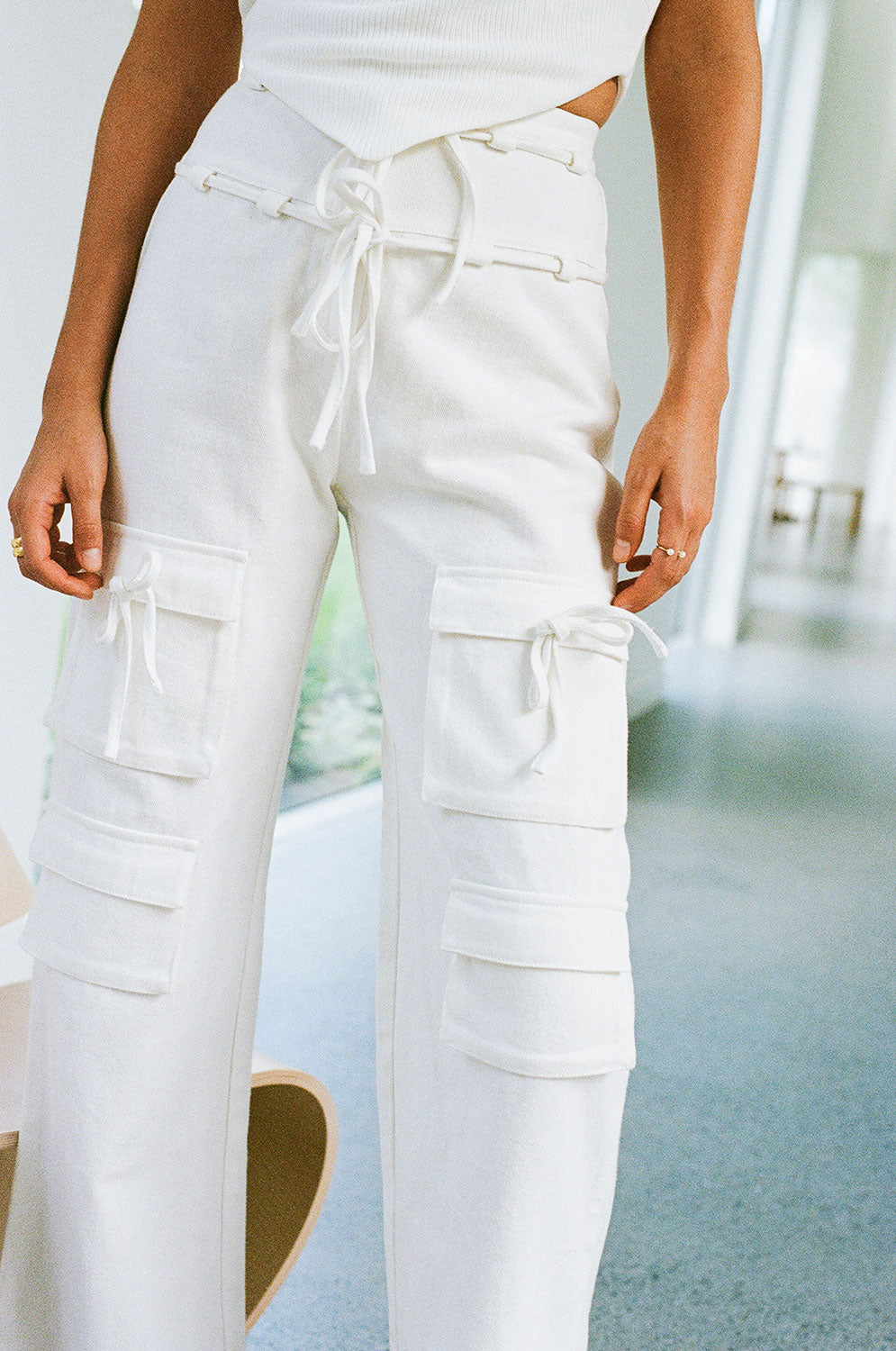 White High Waist Cargo Pocket Tie Jaicee Pants