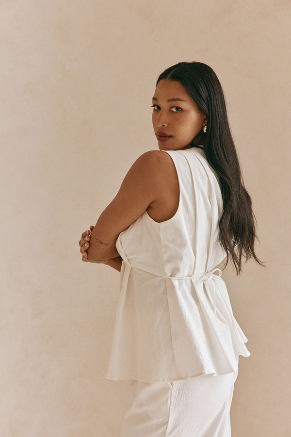 White Structured V Neck Pleated Vespera Top