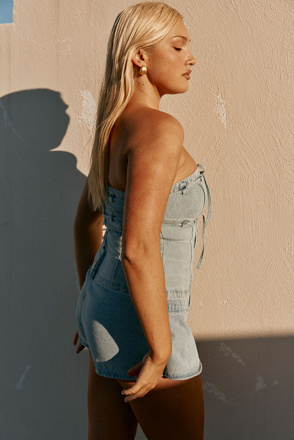 Blue Denim Strapless Tie Fiore Top