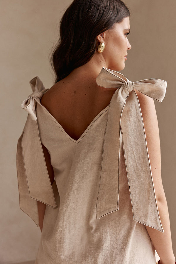 Cream V Neck Bow Elixir Dress