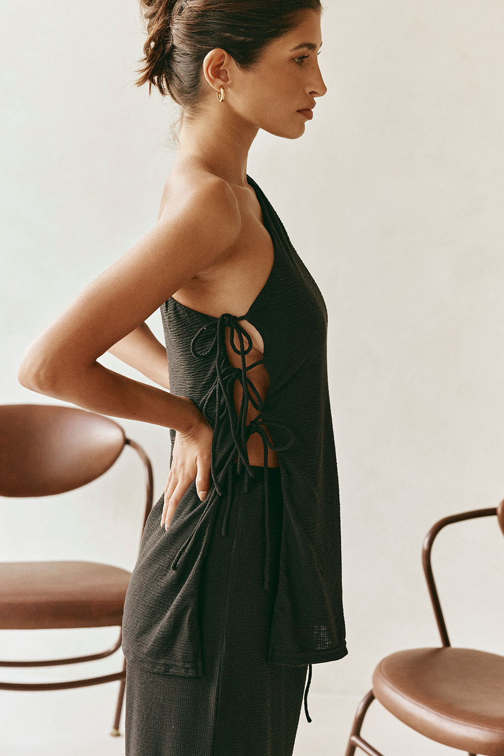 Zen One Shoulder Side Tie Top - Black