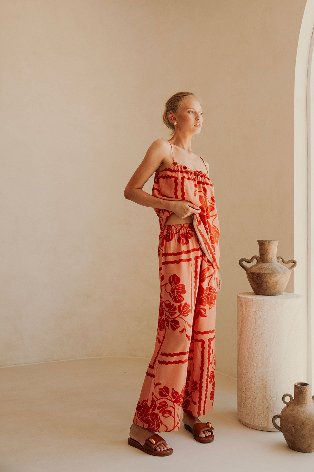 Alani Elasticated Tie Pants - Fiore Postcard Print in Coral Pink and Red