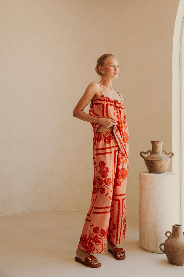Alani Elasticated Tie Pants - Fiore Postcard Print in Coral Pink and Red