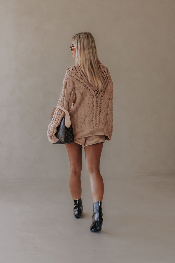 Tan Knit Elastic High Waist Addison Shorts