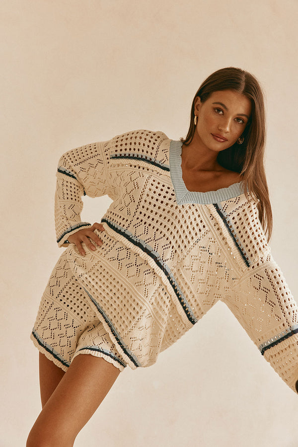 Cream Cotton Crochet Knit Long Sleeve Boxy Balia Top