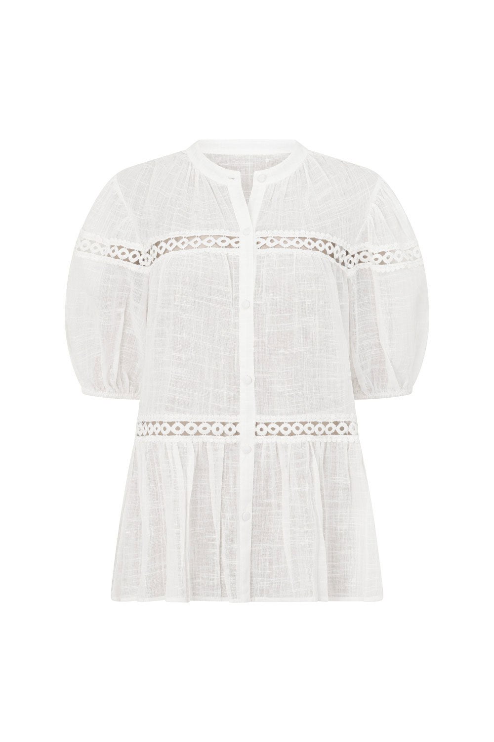 White Lace Button-Up Short Sleeve Lacey Top