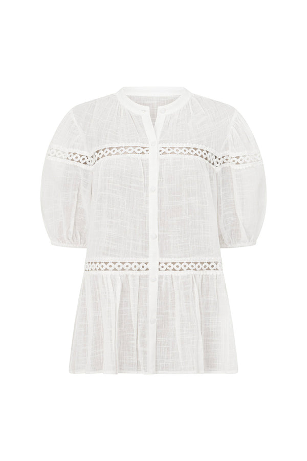 White Lace Button-Up Short Sleeve Lacey Top