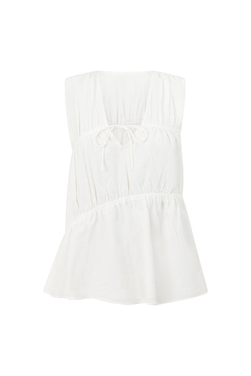 White Linen Tie Asymmetric Ruched Brisa Top