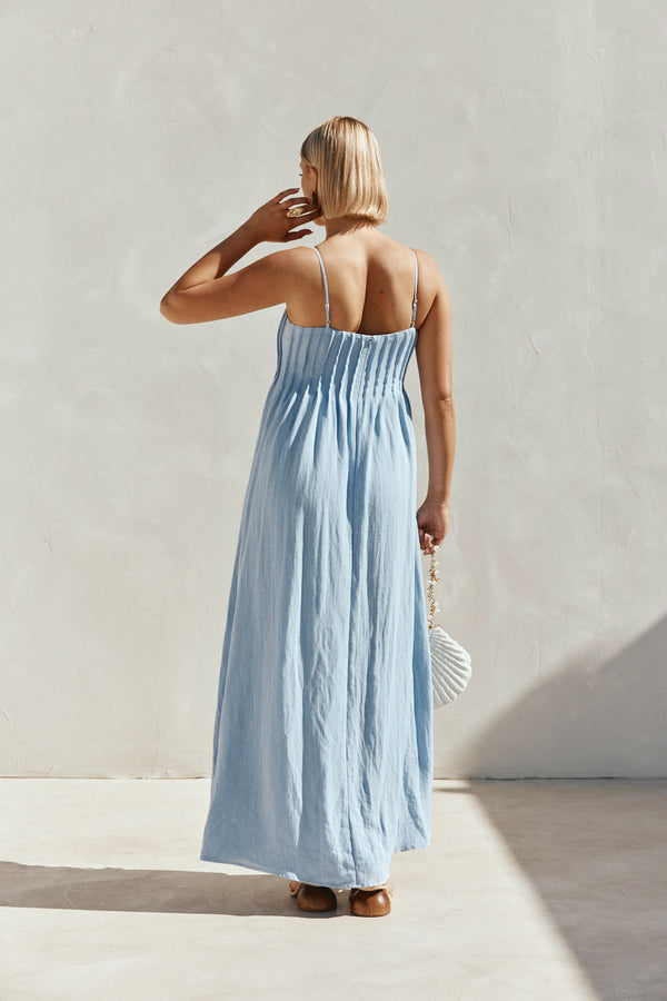 Blue Pin Tuck Pleat Maxi Ada Dress