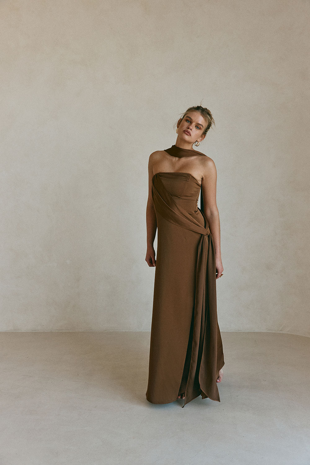 Chocolate Brown Silky Strapless Maxi Eclair Dress