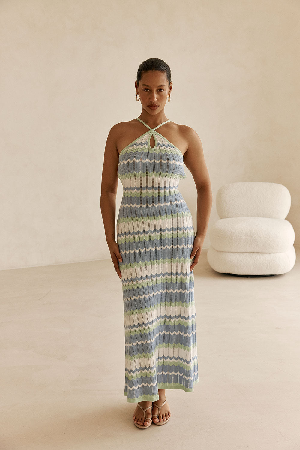 White Blue and Green Stripe Knit Halter Maxi Bexley Dress