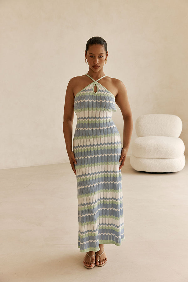 White Blue and Green Stripe Knit Halter Maxi Bexley Dress
