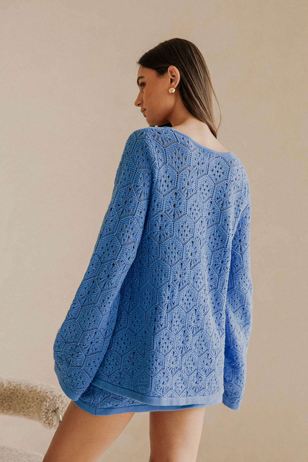Blue Knit Long Sleeve Button Alivia Top