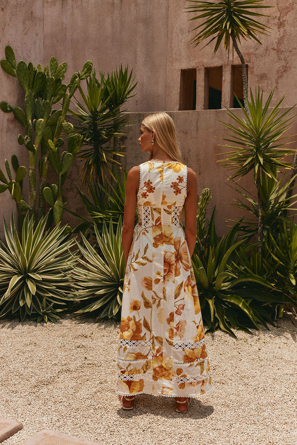 White Agalia Floral Print V Neck Maxi Clover Dress