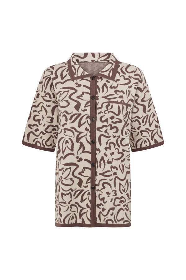 Cream And Brown Floral Button Up Collar Sarai Top