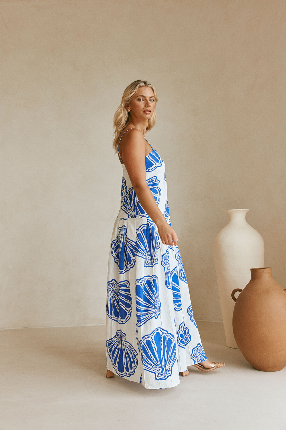 Bette Thin Strap Maxi Dress - Seashell Print, Blue, White
