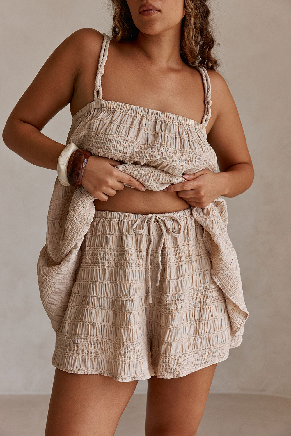 Beige Ruched Elastic Drawstring Amina Shorts