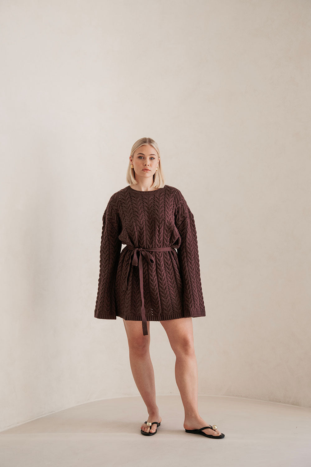 Brown Cable Knit Long Sleeve Tie Mini Sophie Dress