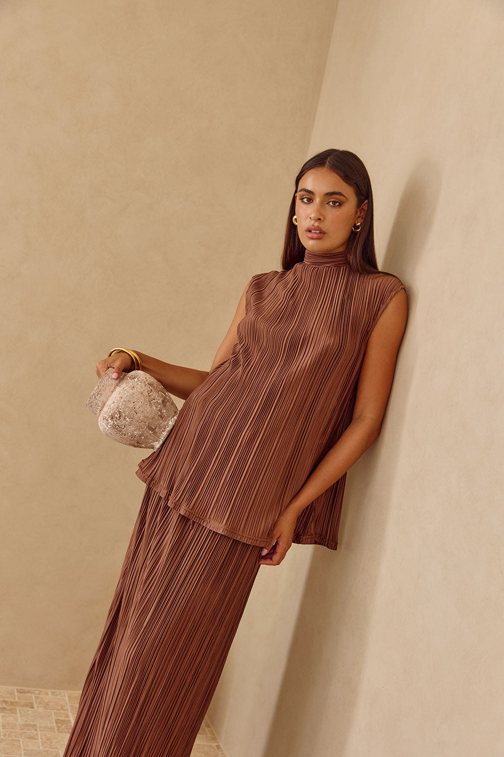 Brown Silky Pleat Turtleneck Catalyna Top