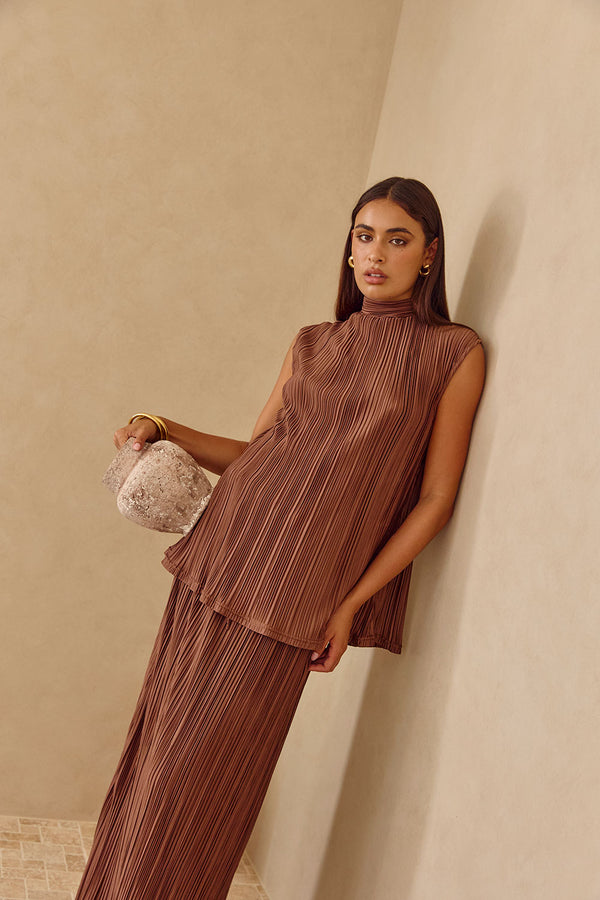 Brown Silky Pleat Turtleneck Catalyna Top
