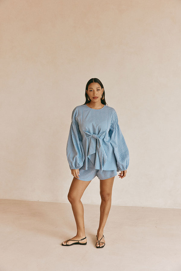 Blue Stripe Waist Tie Hailey Top