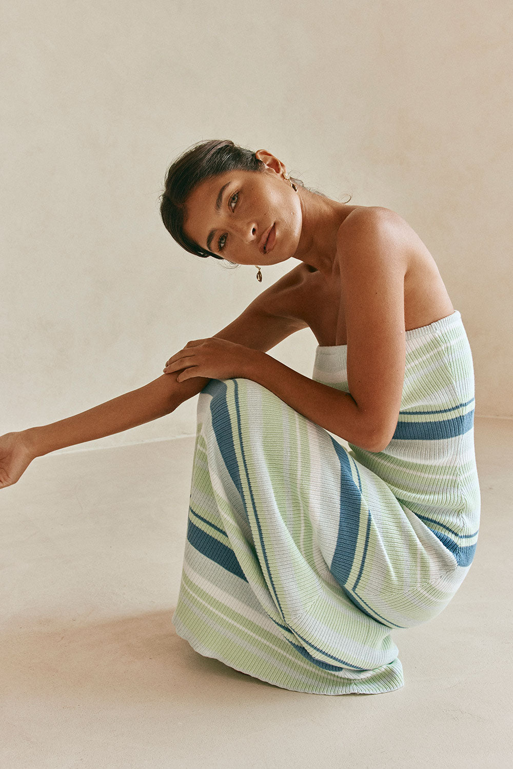 Green and White Stripe Strapless Maxi Anya Dress