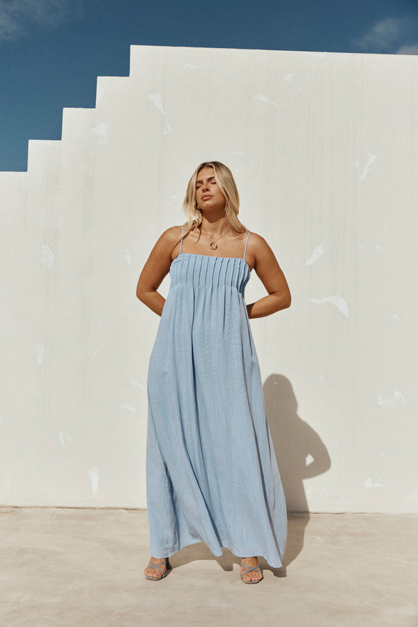 Blue Pin Tuck Pleat Maxi Ada Dress