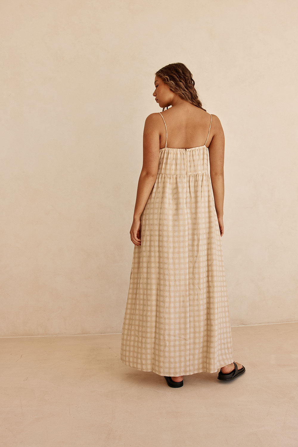 Khaki Gingham Strappy Maxi Lissa Dress