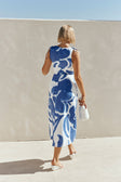 Blue Ada Flora Print V Neck A-Line Midi Mira Dress