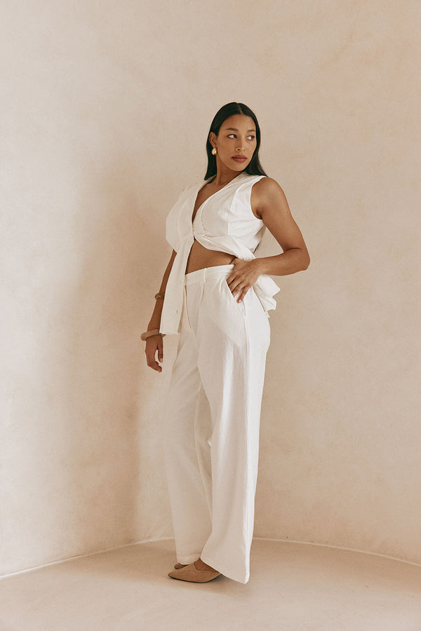 White Structured High Waist Vespera Pants