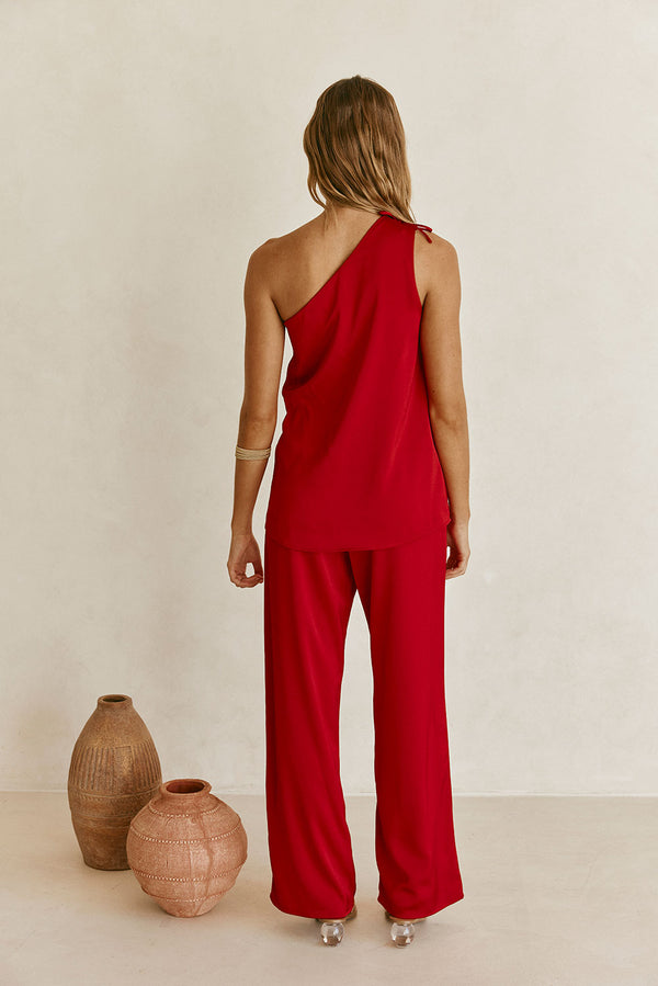 Red Backless One-Shoulder Front Tie Natalie Jumpsuit