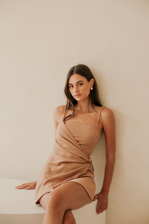Sweeney Thin Strap Wrap Overlay Backless Mini Dress - Brown