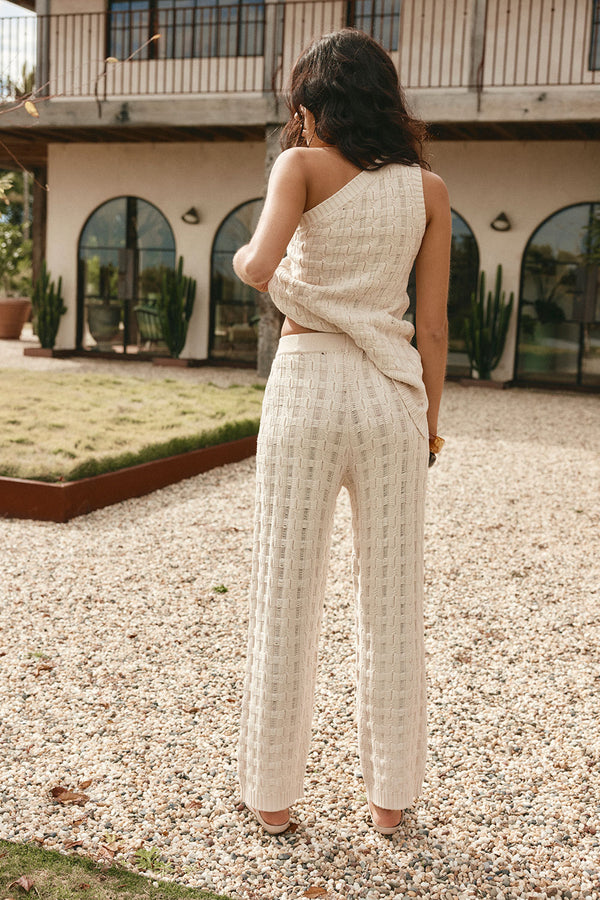 Beige Textured Knit Elastic High Waist Amirah Pants