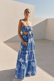 Lili Strapless Cutout Tie Maxi Dress - Postcard, Blue & White Check Flowers