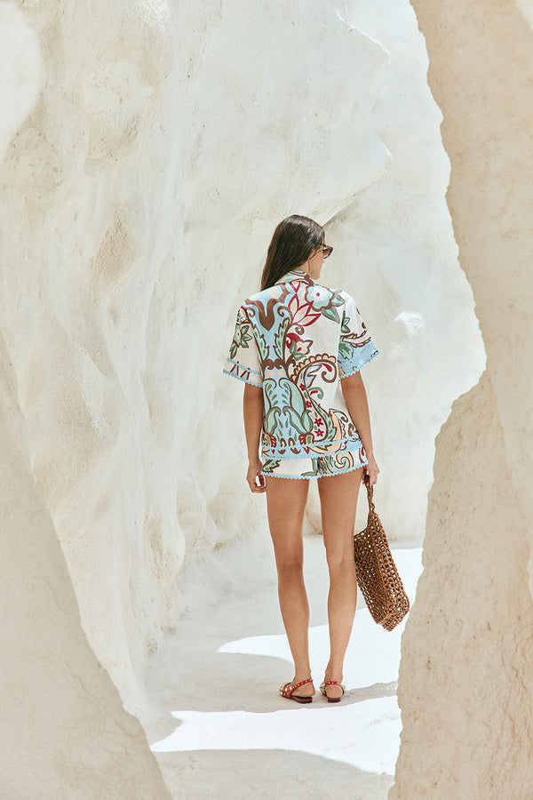 Blue Floral Paradesios Print Button Up Cassia Shirt