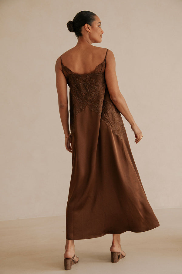 Brown Silky Lace Thin Strap Maxi Aelin Dress