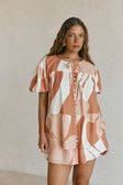 Peach Solanto Print Button Puff Sleeve Ales Top