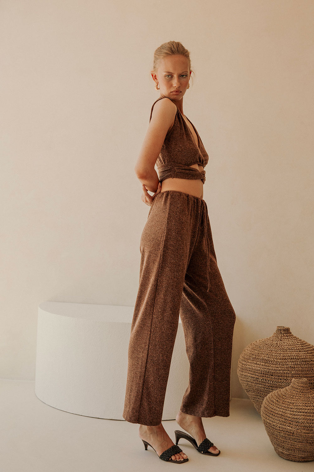 Brown Plunge V Neck Cutout Wrap Crop Sierra Top